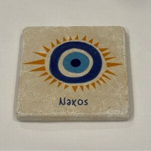 Authentic Naxos Greece Marble Coaster - 4x4” Evil Eye (Mati) Hand-Printed Design